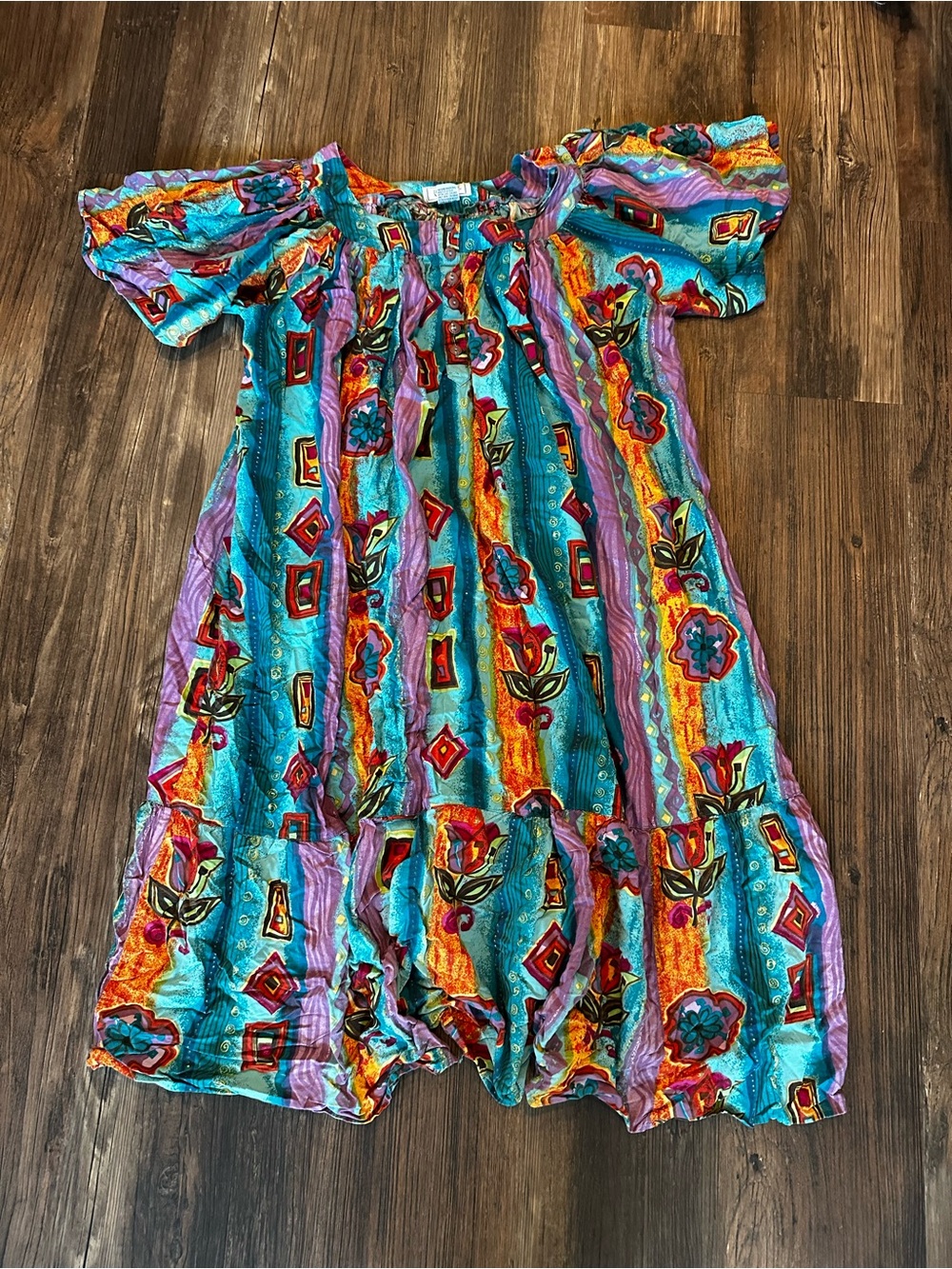Vintage Jennifer Moore Turquoise Multicolor Boho Floral Stripe Midi Dress